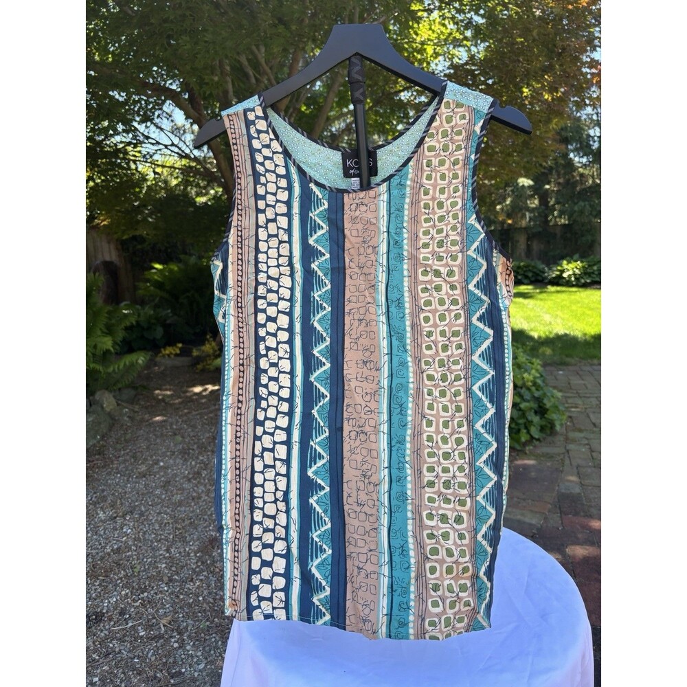 Koos of Course 100% Silk Sleeveless Top Medium Blouse Tank Blue/Tan/ Green